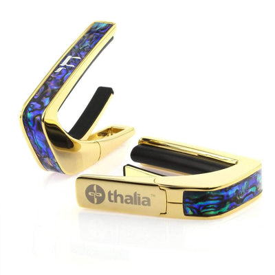Thalia B-STOCK B-STOCK Capo | Deluxe 24K Gold / Blue Abalone & Chai MOP (Bass Orientation, Attach Capo From Top of Neck)
