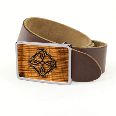 Thalia Belts AAA Curly Hawaiian Koa & Celtic Cross Engraving | Premium Leather Belt Chrome / Dark Brown / 32