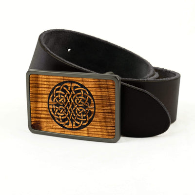 Thalia Belts AAA Curly Hawaiian Koa & Celtic Knot Engraving | Belt Buckle