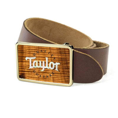 Thalia Belts AAA Curly Hawaiian Koa & Taylor Pearl Logo | Premium Leather Belt 24K Gold / Dark Brown / 26