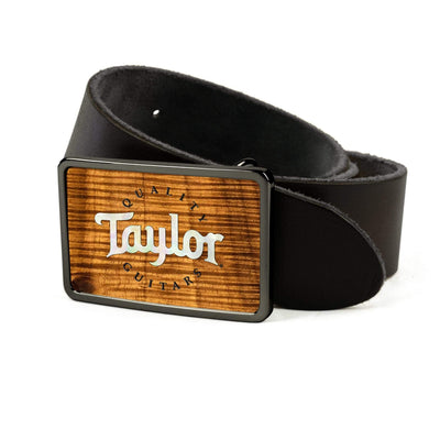 Thalia Belts AAA Curly Hawaiian Koa & Taylor Pearl Logo | Premium Leather Belt Black Chrome / Black / 26