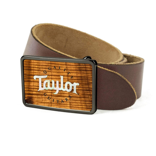 Thalia Belts AAA Curly Hawaiian Koa & Taylor Pearl Logo | Premium Leather Belt Black Chrome / Black / 26
