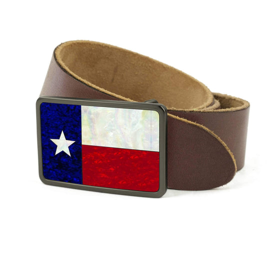Thalia Belts Texas Lonestar Shell Inlay | Premium Leather Belt Brushed Black / Dark Brown / 32