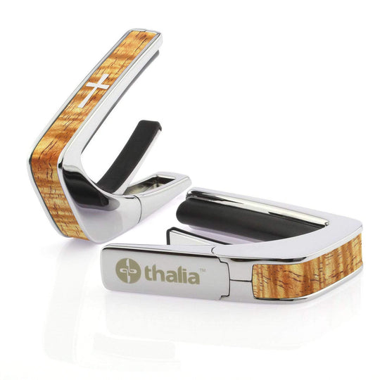 Thalia Capo AAA Grade Curly Hawaiian Koa & Pearl Cross | Capo Chrome / Vintage Blonde / Treble (attach capo from bottom of neck)