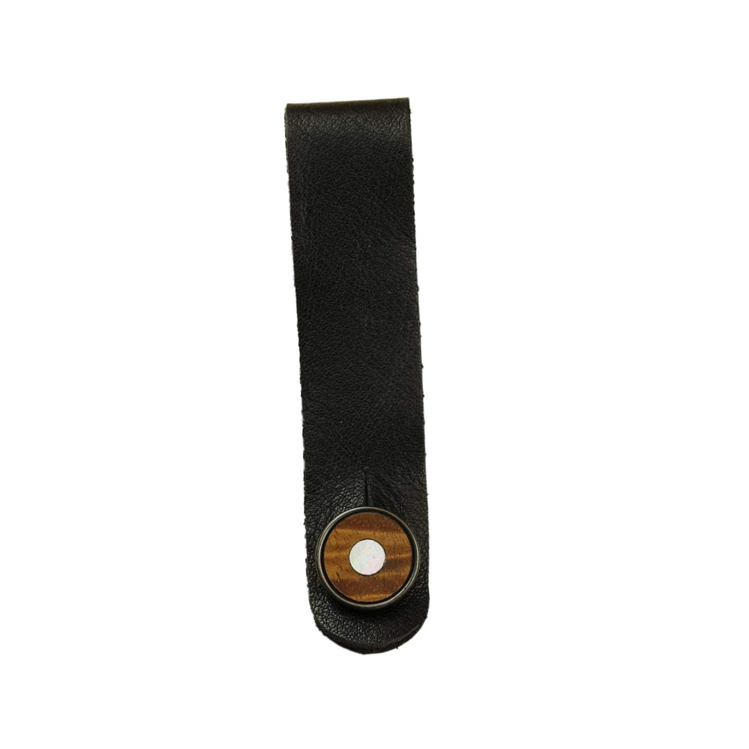 Thalia Leather Strap Tie Mother of Pearl & Exotic Wood | Leather Headstock Strap Tie Black / Black / AAA Curly Koa