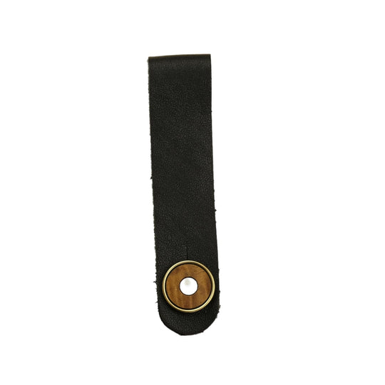 Thalia Leather Strap Tie Mother of Pearl & Exotic Wood | Leather Headstock Strap Tie Black / Gold / AAA Curly Koa