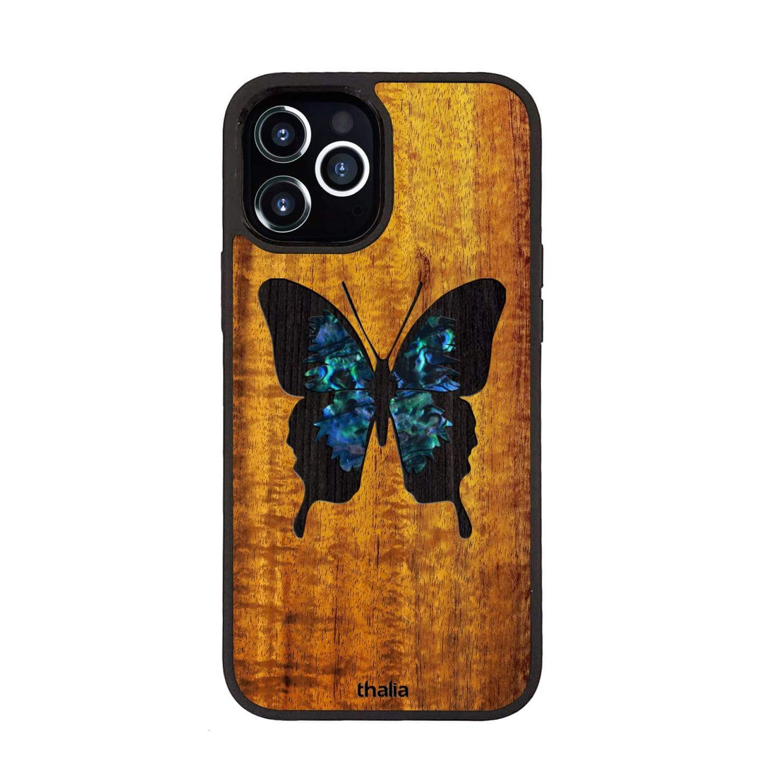 Thalia Phone Case AAA Curly Hawaiian Koa & Blue Abalone Butterfly | iPhone Case iPhone 12 Pro Max