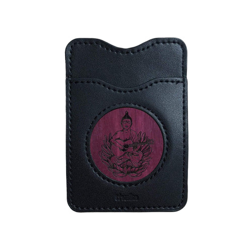 Thalia Phone Wallet Buddha Playing OM Guitar Engraving | Leather Phone Wallet AAA Curly Koa