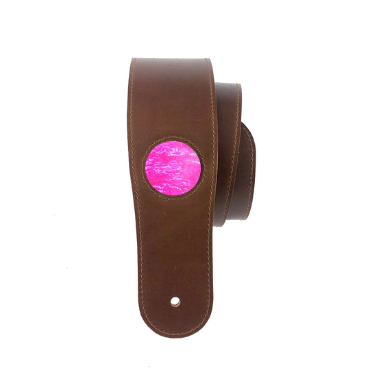 Thalia Strap Shell Inlay | Italian Leather Strap Black / Oversized (Acoustic/Electrics with Endpin Jacks) / Pink Angel Wing